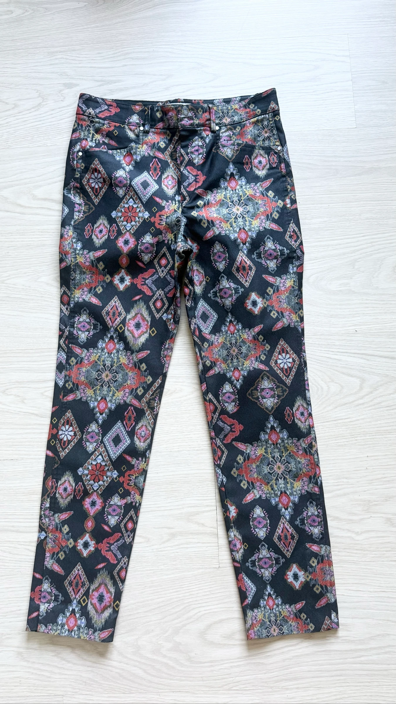 Calça slim preta e multicolorida com estampa Zara tamanho 36 S – photo 7